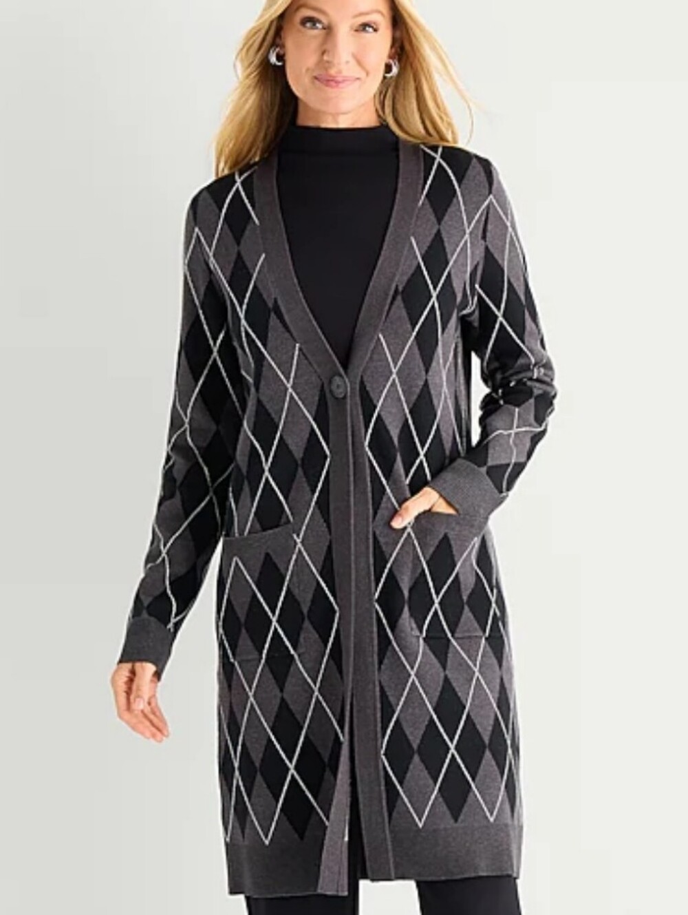 Liz Claiborne Gray and Black Argyle Long Cardigan